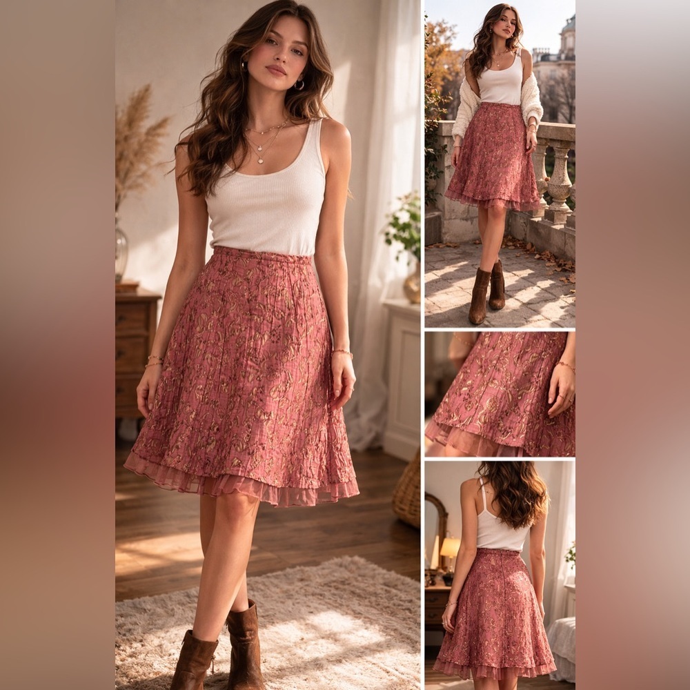 Vintage Pink Brocade Skirt Floral Paisley A-Line Midi Sheer Hem USA Made Size 4